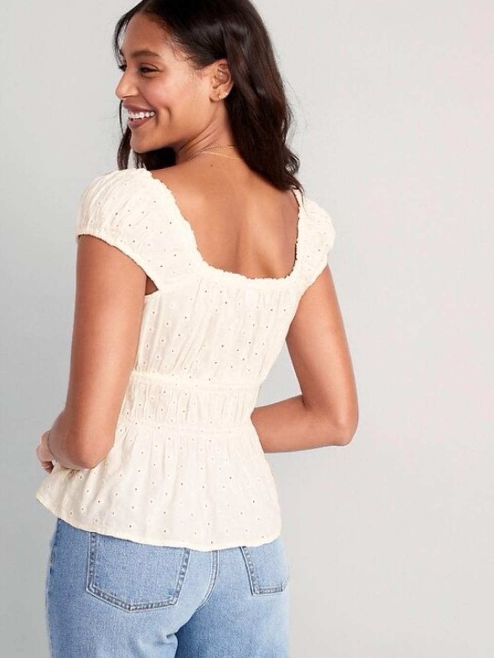 Old Navy Cream Eyelet Smocked Peasant Blouse - Picture 2 of 6